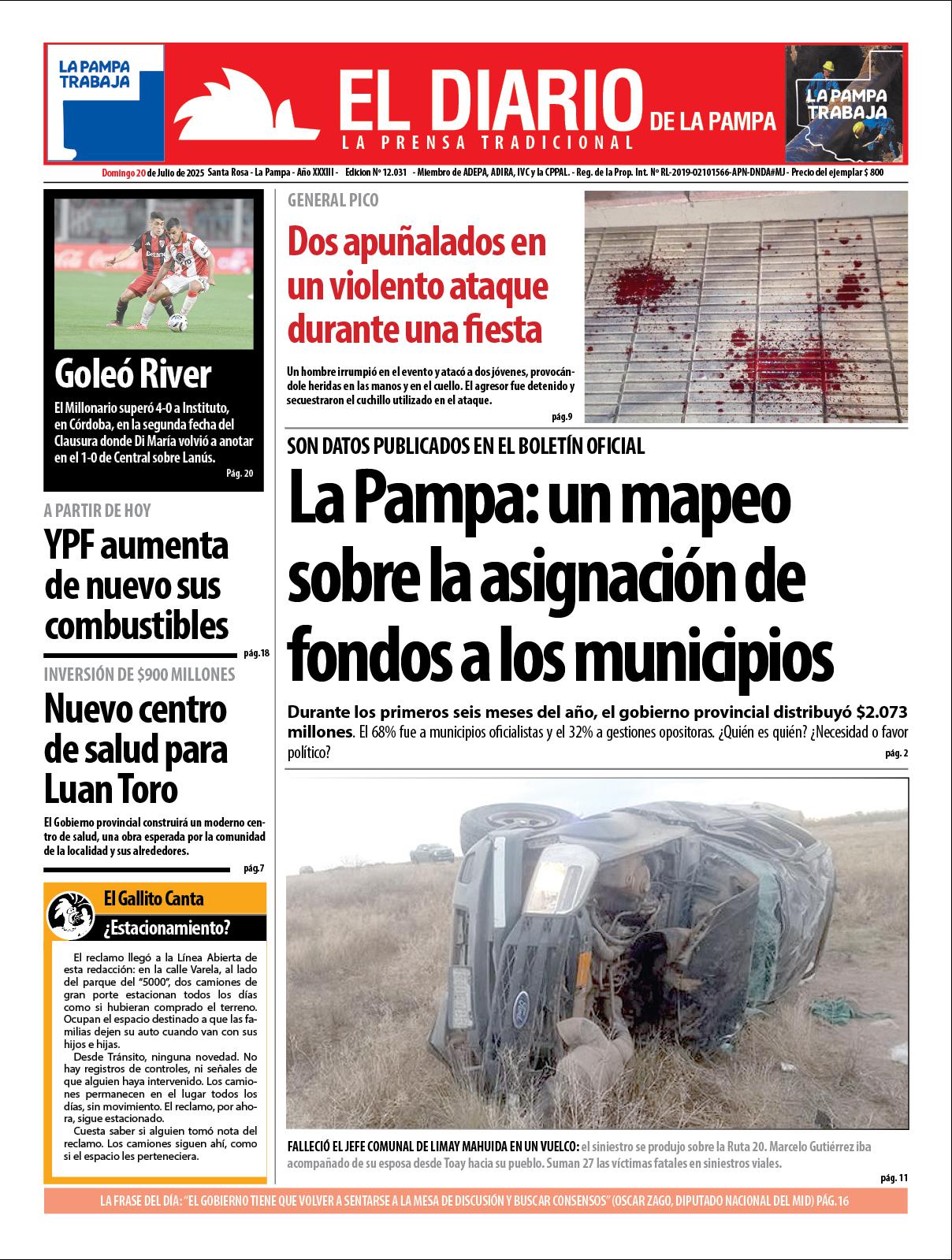Tapa de El Diario en papel  domingo 20 de julio de 2025